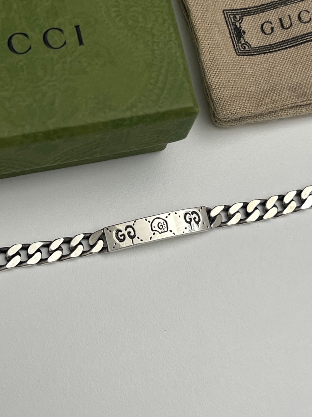 GUCCI GG Ghost Skull Chain Bracelet 925 Sterling Silver Size 18 Italy Box Pouch